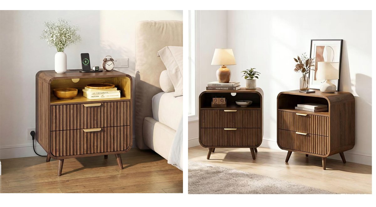 24" Curved Nightstand,Bedside Table with Charging Station & LED Light,Modern Fluted End Table with 2 Drawers
