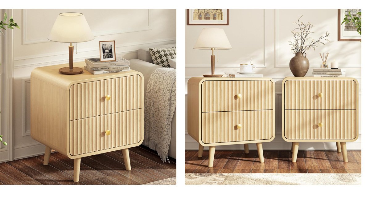 Modern Fluted Nightstands with 2 Storage Drawers, Beside Table with Metal Handle and Solid Wood Legs for Bedroom
