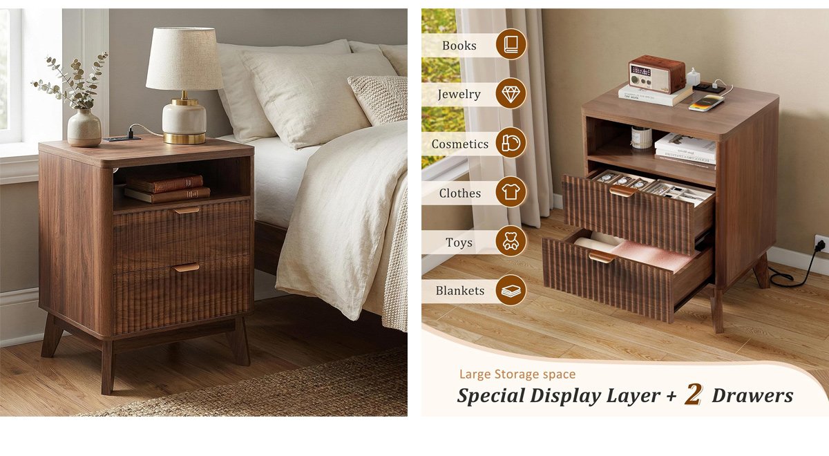 Fluted Nightstand with Charging Station, 19.7 inch Wide End Table with 2 Drawers