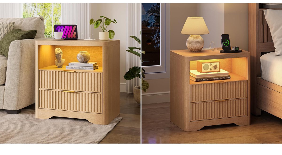 Fluted Nightstand with Charging Station & LED Light, Bedside Table with 2 Drawers & Open Storage Shelf