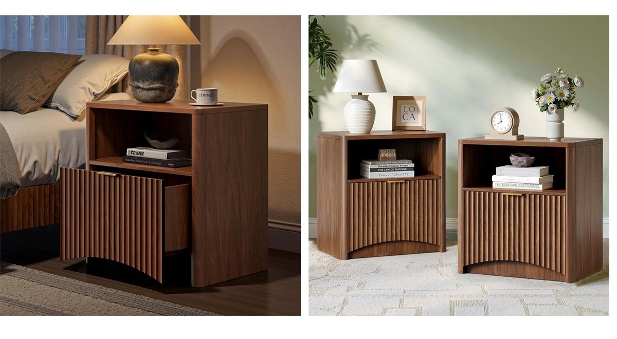 Fluted Nightstand, Walnut Bedside Table with Drawer and Storage