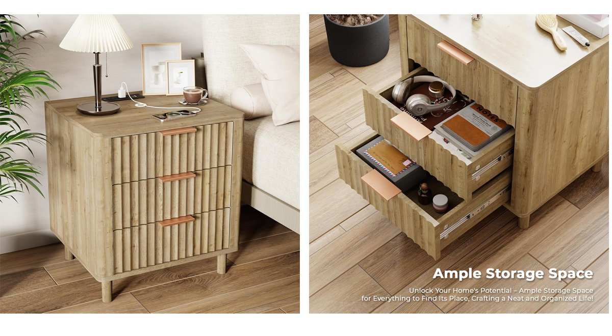 Fluted Nightstand with Charging Station, Multifunctional 3 Drawers Storage Bedside Table