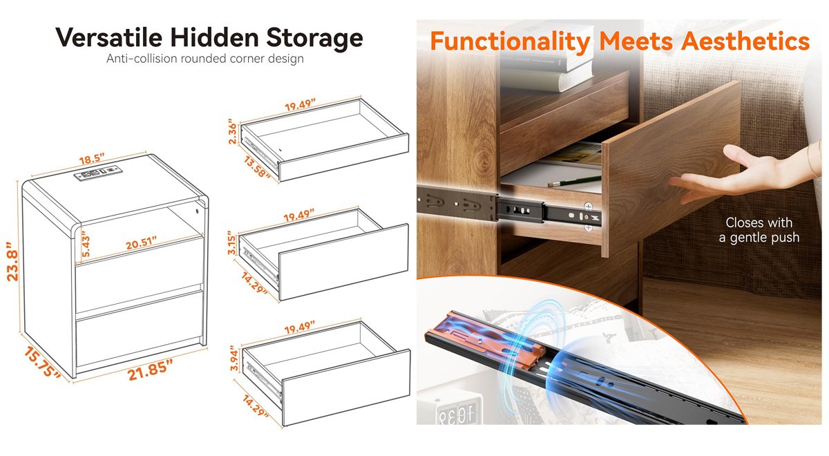 23.8" Modern Nightstand with Hidden Drawers Walnut Night Stand with Charger Station