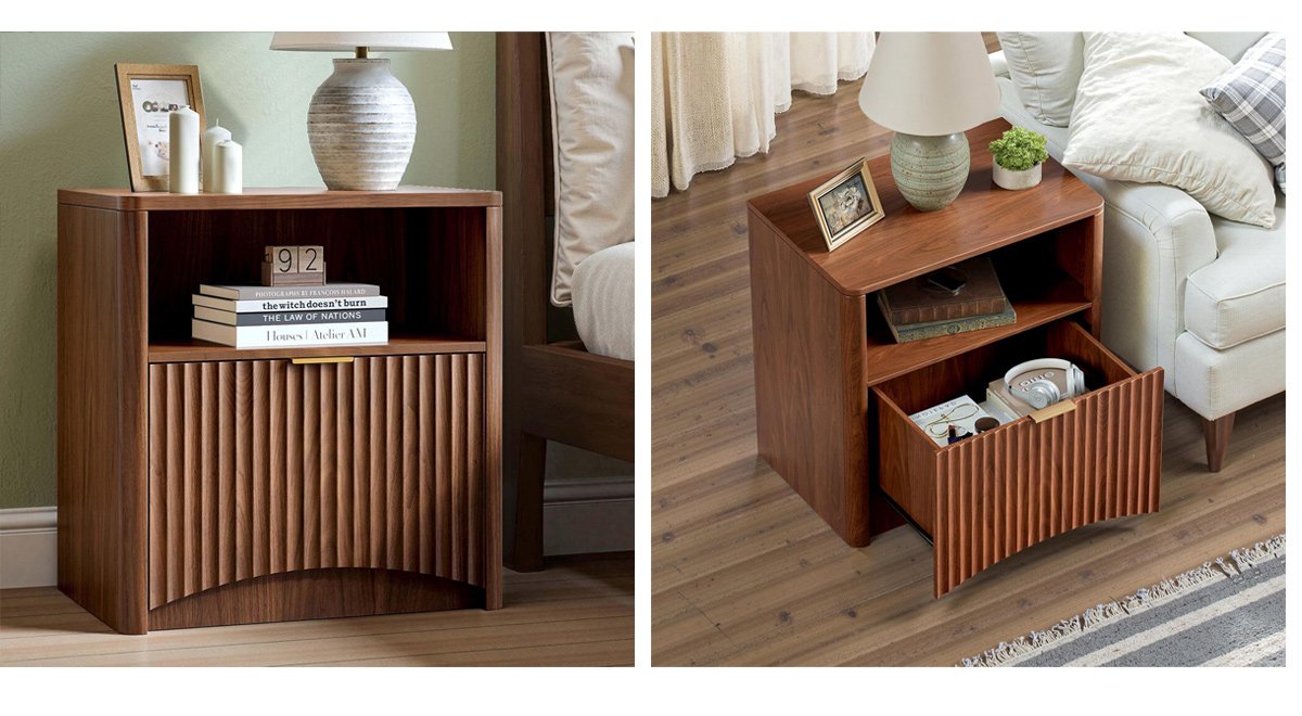 Fluted Nightstand, Walnut Bedside Table with Drawer and Storage