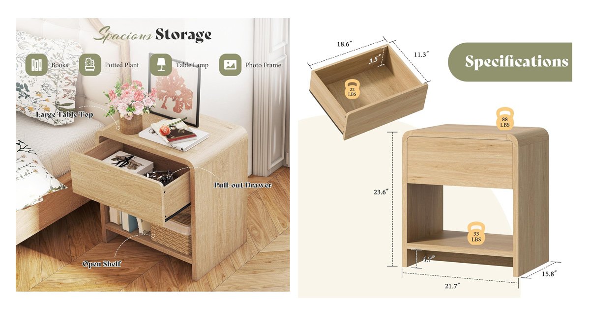 Modern Night Stand with Storage Drawer & Open Shelves, 24" Round Bedside Table Nightstand