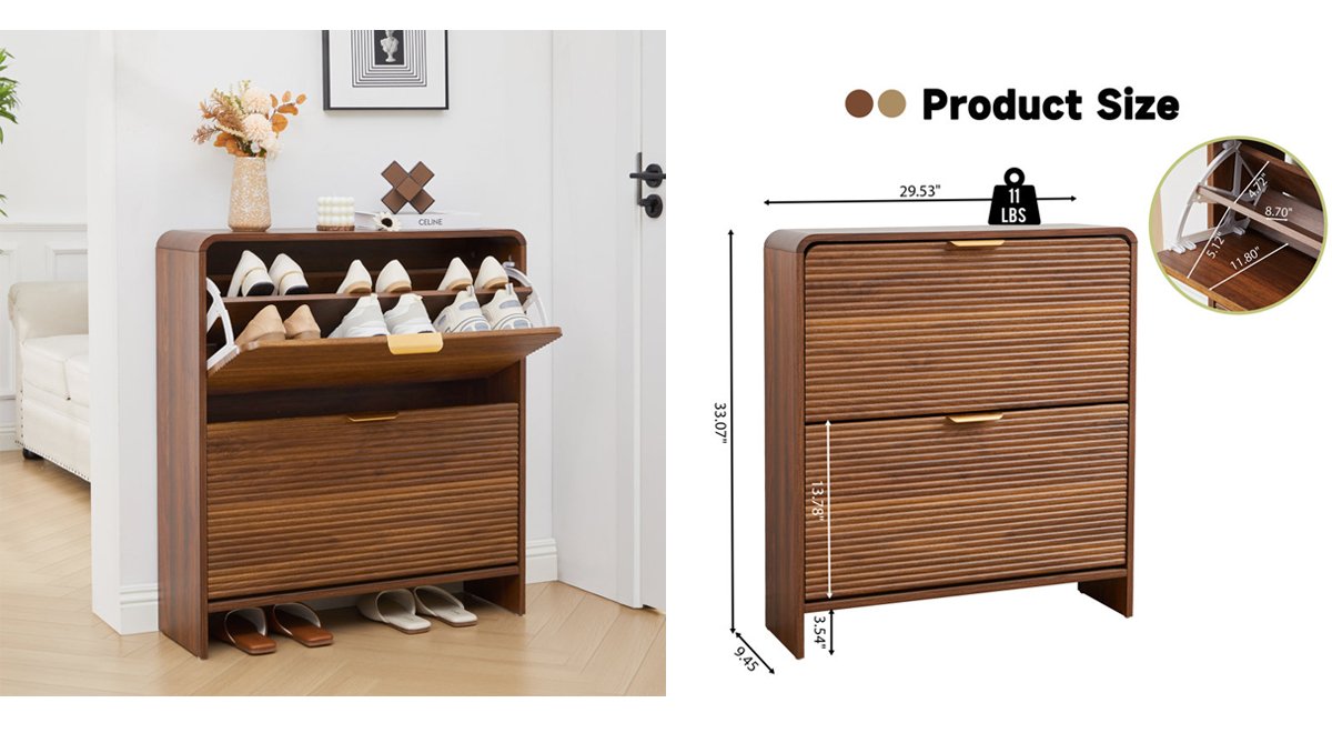 16 Pair Shoe Storage Cabinet With 2 Flip Drawers