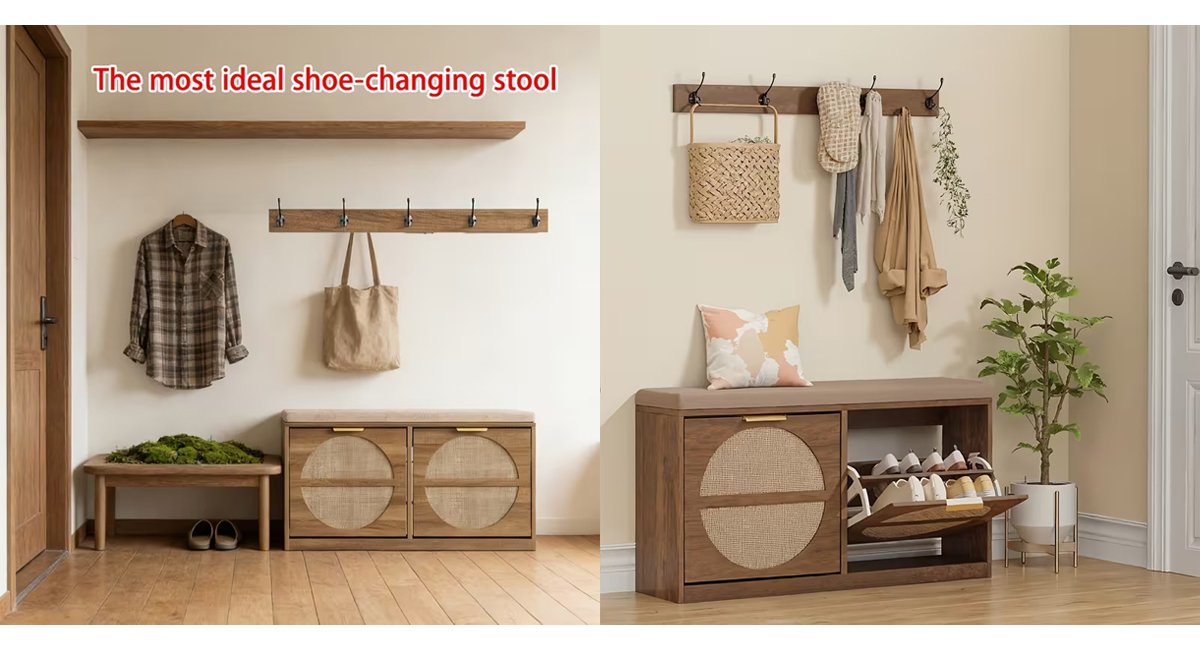 Rustic Rattan Entryway Bench with Cushion & Coat Rack- Narrow Shoe Cabinet Suitable for Hallway