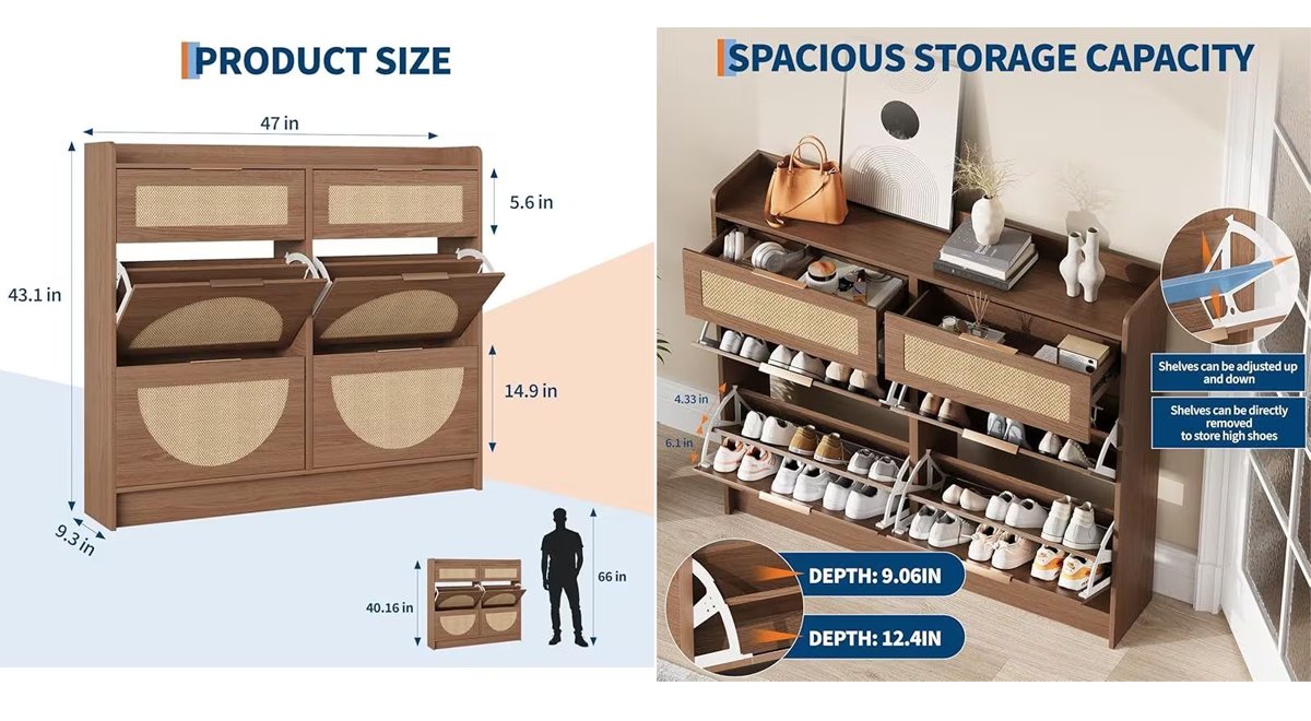 Rattan Shoe Storage Cabinet, Narrow Freestanding Organizer Shoe Rack Organizer with Adjustable Shelves