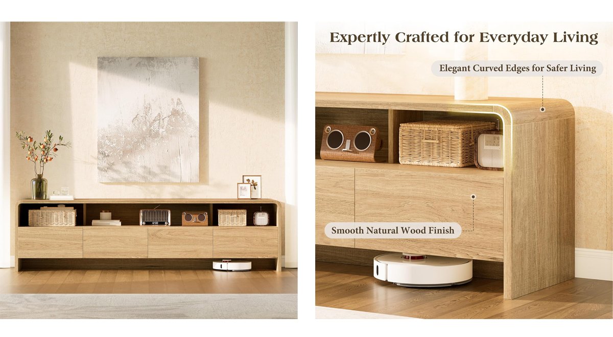 70" Wood TV Stand with Curved Edge for TVs up to 80", Modern TV Console with Open Shelves & Storage Cabinets