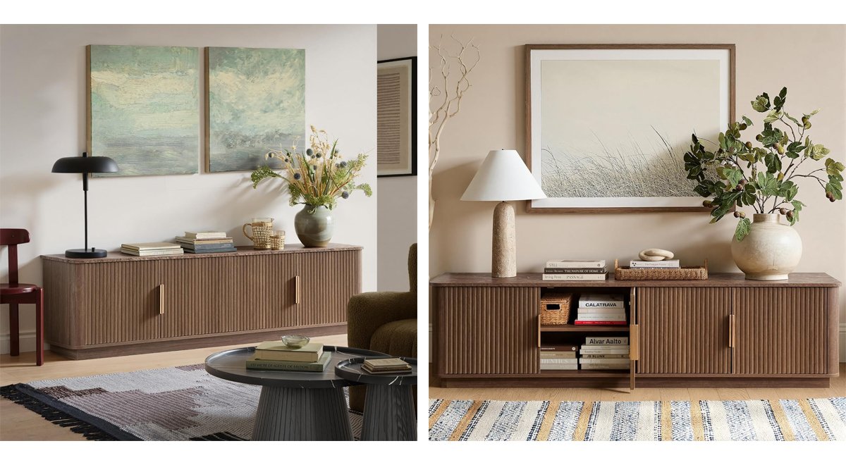 71" TV Stand for 80 Inch TV, Mid Century Modern Fluted Entertainment Center with Faux Marble Top, Curved Corners