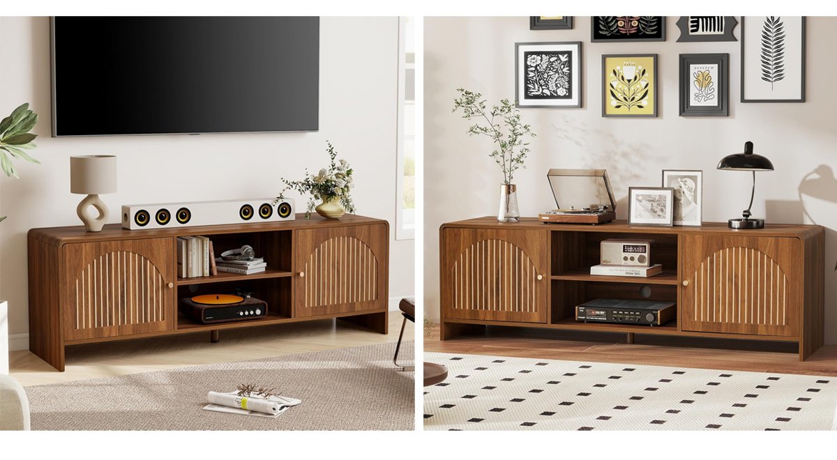 Mid Century Modern TV Stand for 55/60/65 Inch TV, Farmhouse Entertainment Center with Arched Doors and Adjustable Shelf, Curved Profile Media Console TV Consoles for Living Room Bedroom