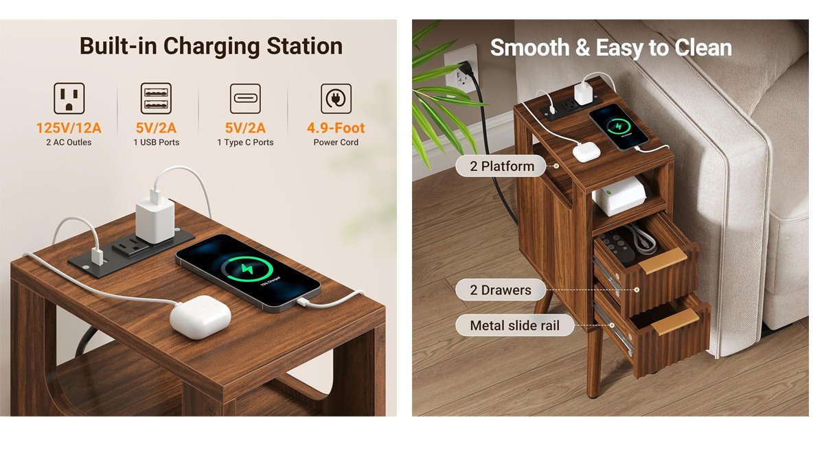 7.9" Small Narrow Side Table with Charging Station, 24.4" H Skinny Fluted Nightstand with 2 Drawers