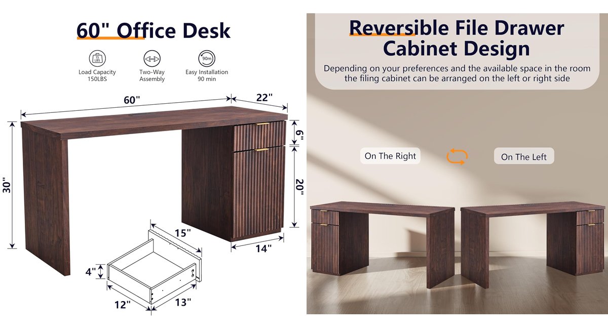 60" Modern Executive Desk with Storage, Wood Home Office Desk with Drawer & Cabinet