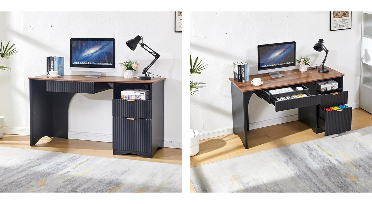 55" Modern Computer Desk with Keyboard Tray, Built-in Power Outlets, Fluted Design, 2-in-1 Main Drawer & Adjustable File Drawer