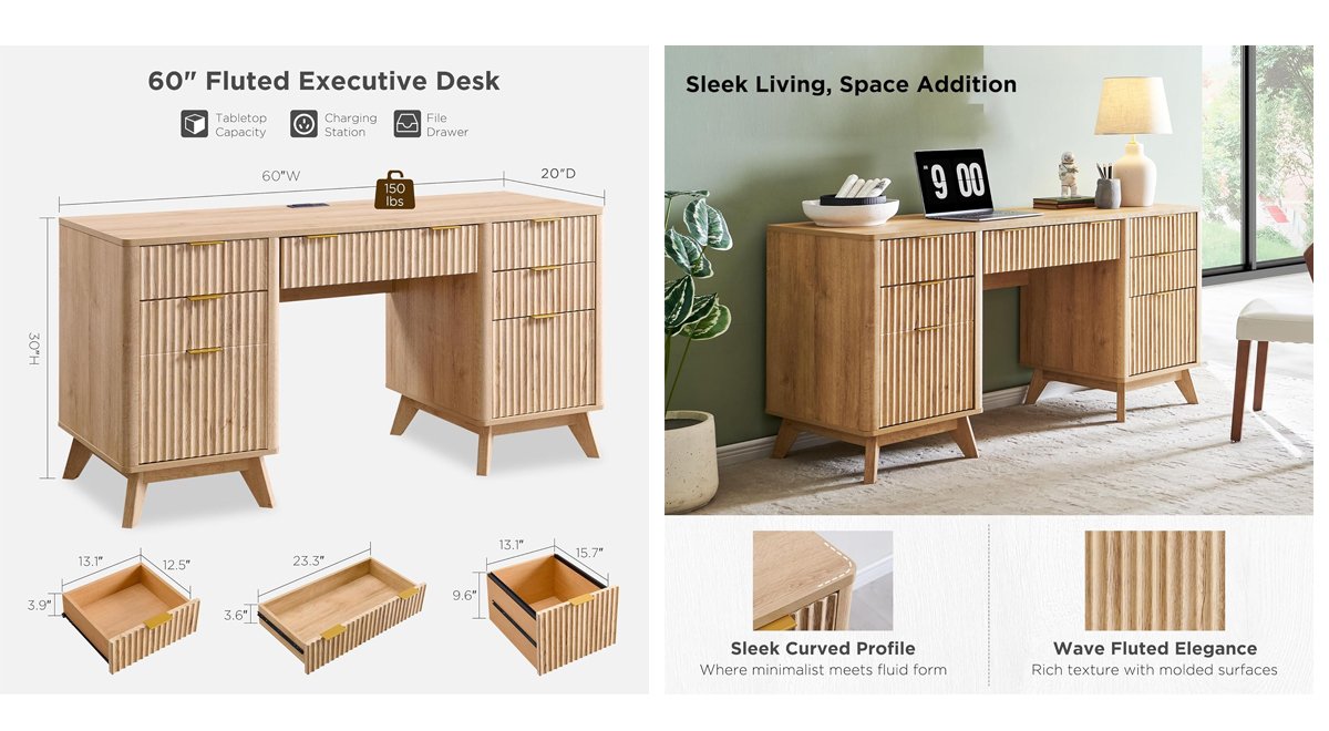 Fluted Executive Desk with Drawers, 60" Modern Home Office Computer Desk with Charging Station, File Cabinet