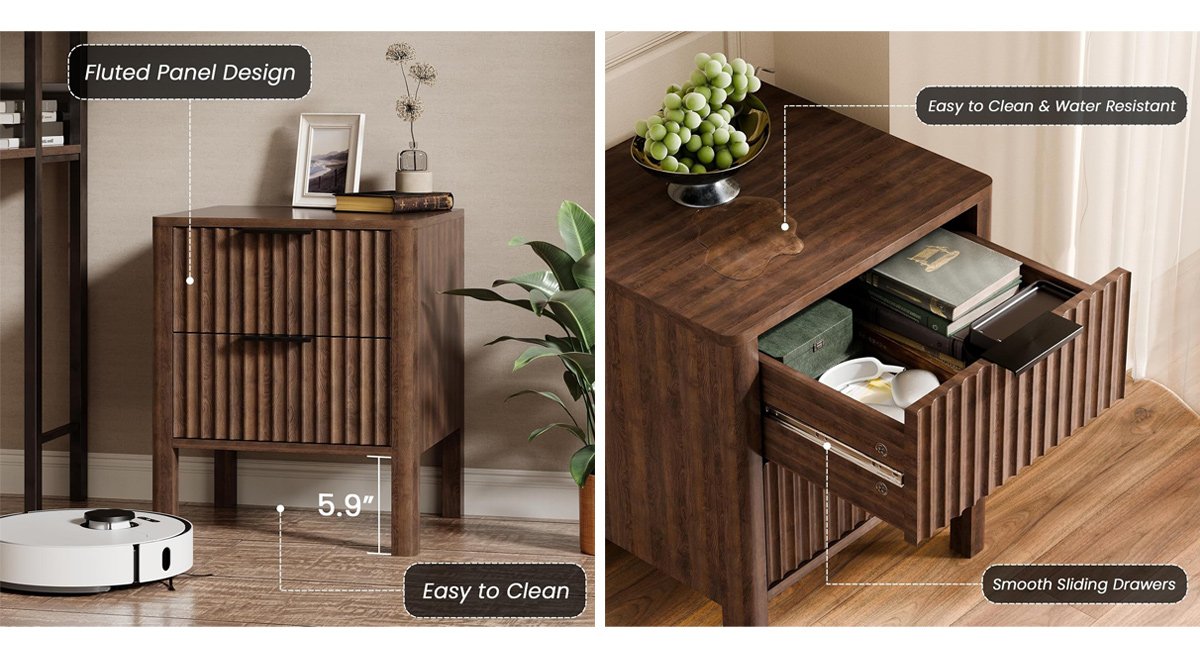 18" Fluted Nightstands, Bed Side Tables with Drawers for Bedroom