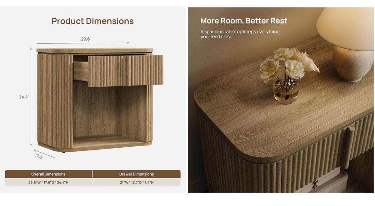 Modern Night Stand , Fluted Large Nightstands Side Tables