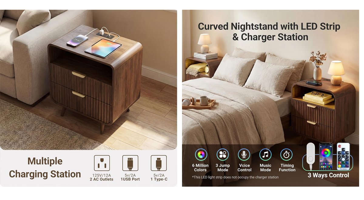 24" Curved Nightstand,Bedside Table with Charging Station & LED Light,Modern Fluted End Table with 2 Drawers