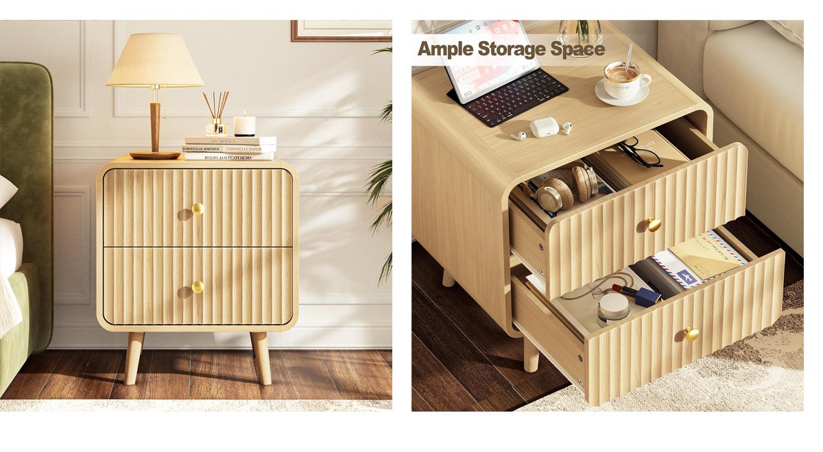 Modern Fluted Nightstands with 2 Storage Drawers, Beside Table with Metal Handle and Solid Wood Legs for Bedroom