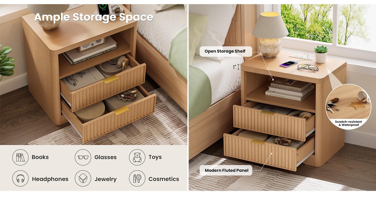 Fluted Nightstand with Charging Station & LED Light, Bedside Table with 2 Drawers & Open Storage Shelf