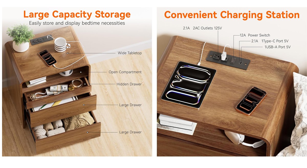 23.8" Modern Nightstand with Hidden Drawers Walnut Night Stand with Charger Station