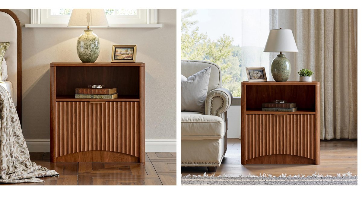 Fluted Nightstand, Walnut Bedside Table with Drawer and Storage