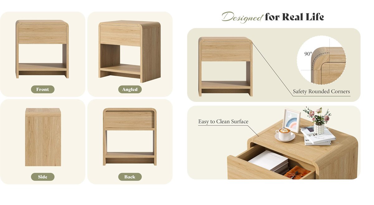 Modern Night Stand with Storage Drawer & Open Shelves, 24" Round Bedside Table Nightstand