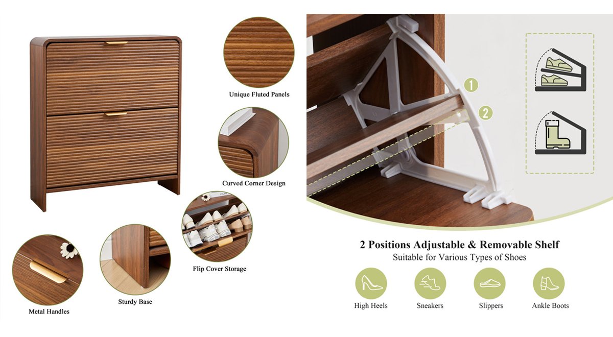 16 Pair Shoe Storage Cabinet With 2 Flip Drawers