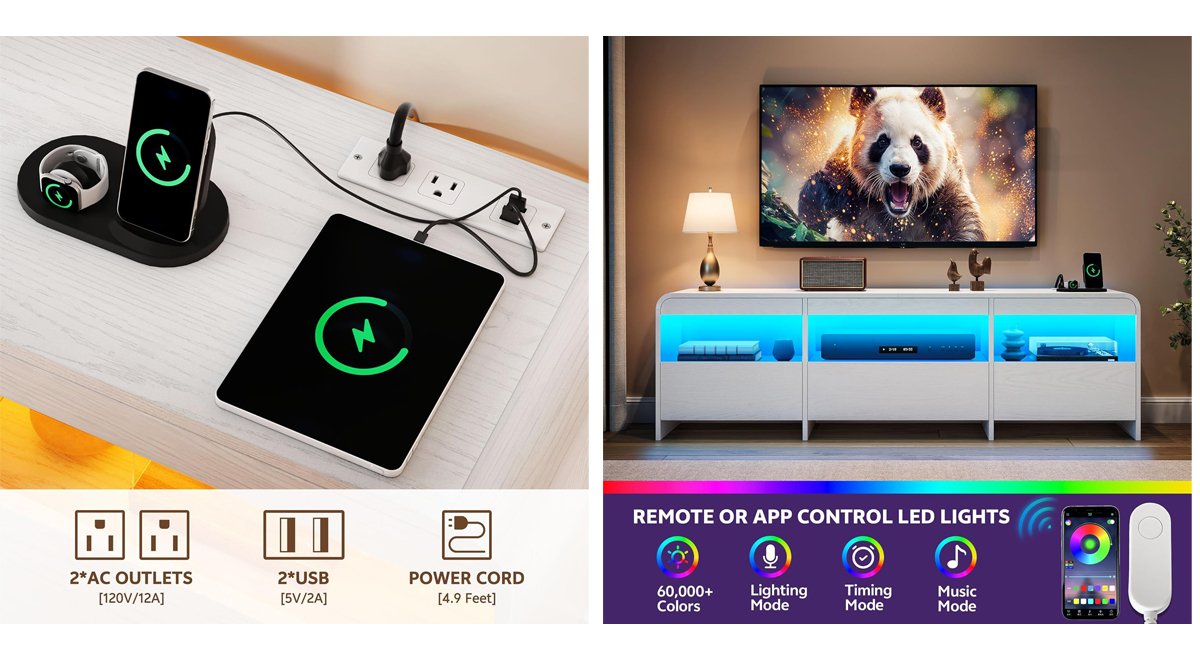 TV Stand for 65, 70 Inch TVs, LED Entertainment Center with Drawers and Open Storage, TV Console w/Power Outlets