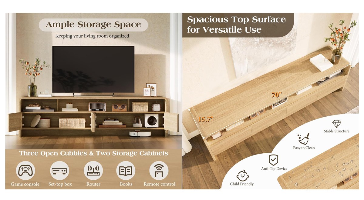 70" Wood TV Stand with Curved Edge for TVs up to 80", Modern TV Console with Open Shelves & Storage Cabinets