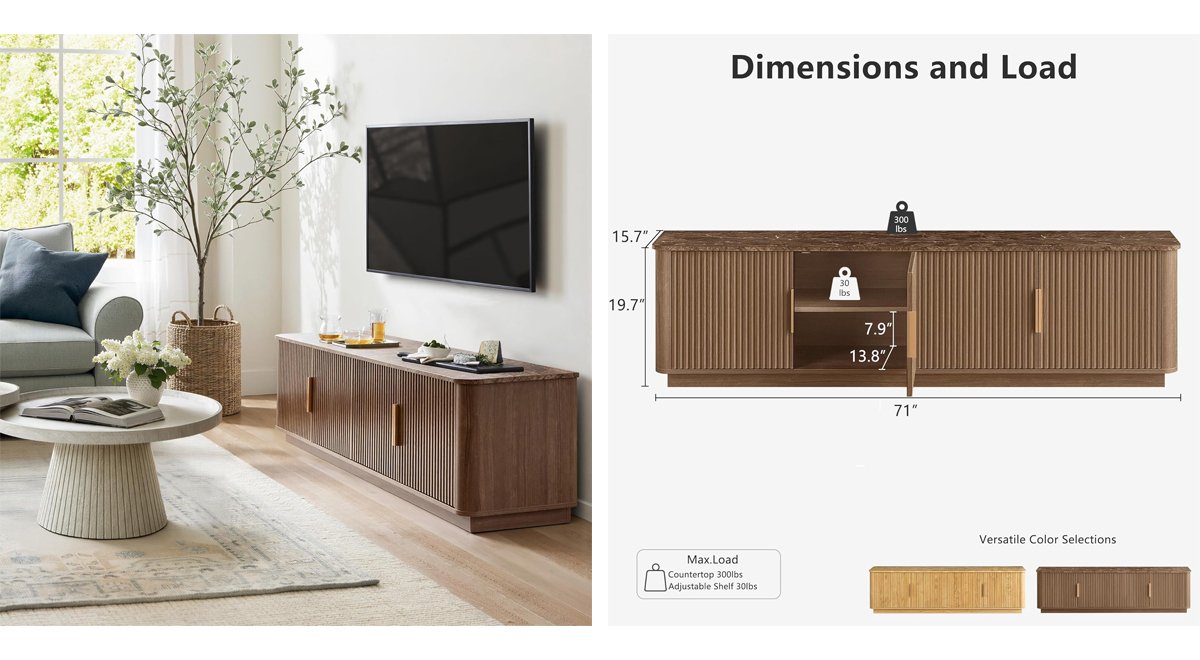 71" TV Stand for 80 Inch TV, Mid Century Modern Fluted Entertainment Center with Faux Marble Top, Curved Corners