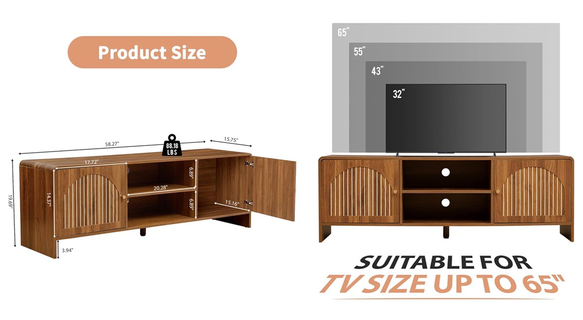 Mid Century Modern TV Stand for 55/60/65 Inch TV, Farmhouse Entertainment Center with Arched Doors and Adjustable Shelf, Curved Profile Media Console TV Consoles for Living Room Bedroom