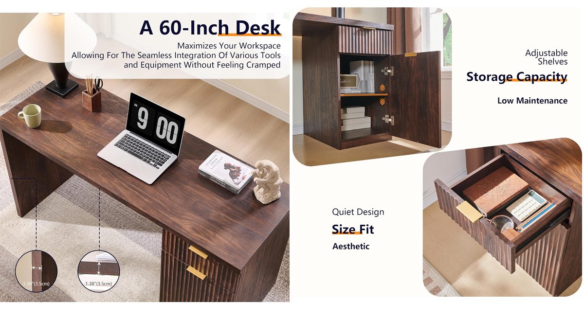 60" Modern Executive Desk with Storage, Wood Home Office Desk with Drawer & Cabinet