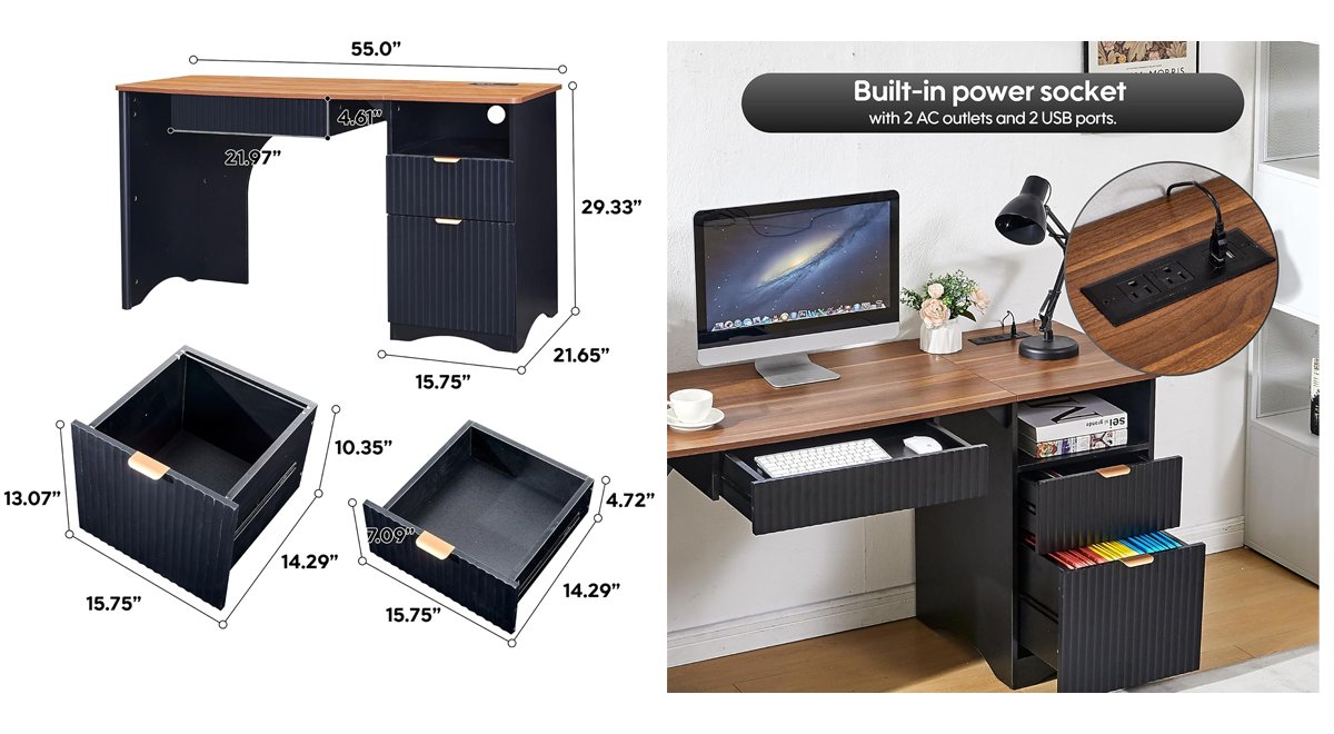 55" Modern Computer Desk with Keyboard Tray, Built-in Power Outlets, Fluted Design, 2-in-1 Main Drawer & Adjustable File Drawer