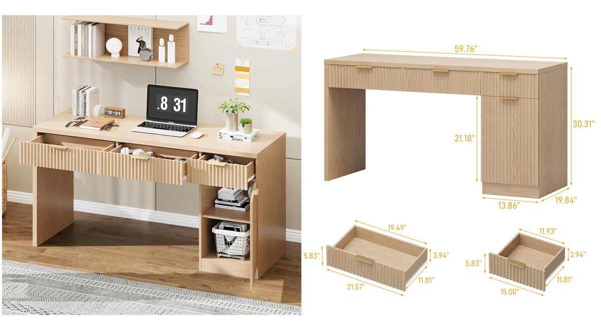 【Spacious & Stylish Workspace】 Experience a Spacious & Stylish Workspace: Boasting a 59-inch wide desktop with a natural wood grain texture, this large writing desk artfully blends modern elegance with classic appeal. The generous surface area offers room for your laptop, printer, books, and more, providing ample space to work, study, or pursue creative projects. 【Designed with Productivity in Mind】 Thoughtfully designed for productivity, this computer desk showcases precision craftsmanship and includes a grooved panel to help organize your workspace. Its functional layout features three drawers (one wide, one medium) and an adjustable cabinet, making it a versatile choice for home or office use. 【Elegant & Elaborate Design】 Beyond its functionality, this desk serves as an elegant furniture piece that enhances any room's aesthetic. The subtle grooves on the panels are both functional and decorative, highlighting the wood's natural beauty. Each line adds depth and character, transforming the desk into a canvas of refined eleg