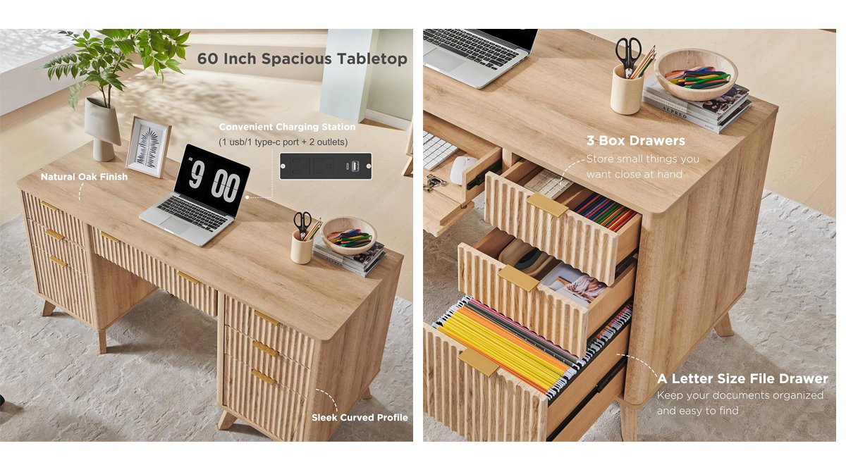 Fluted Executive Desk with Drawers, 60" Modern Home Office Computer Desk with Charging Station, File Cabinet