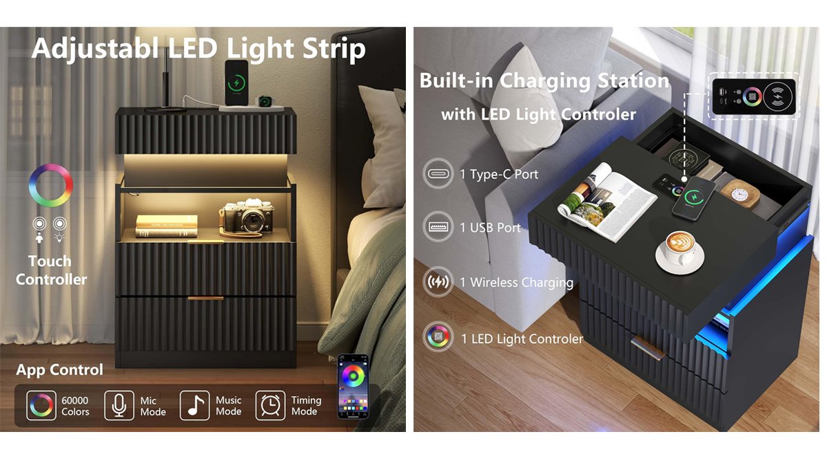 Night Stand with Wireless Charging Station, Black Bedside Table with Hidden Gun Drawer & LED Lights