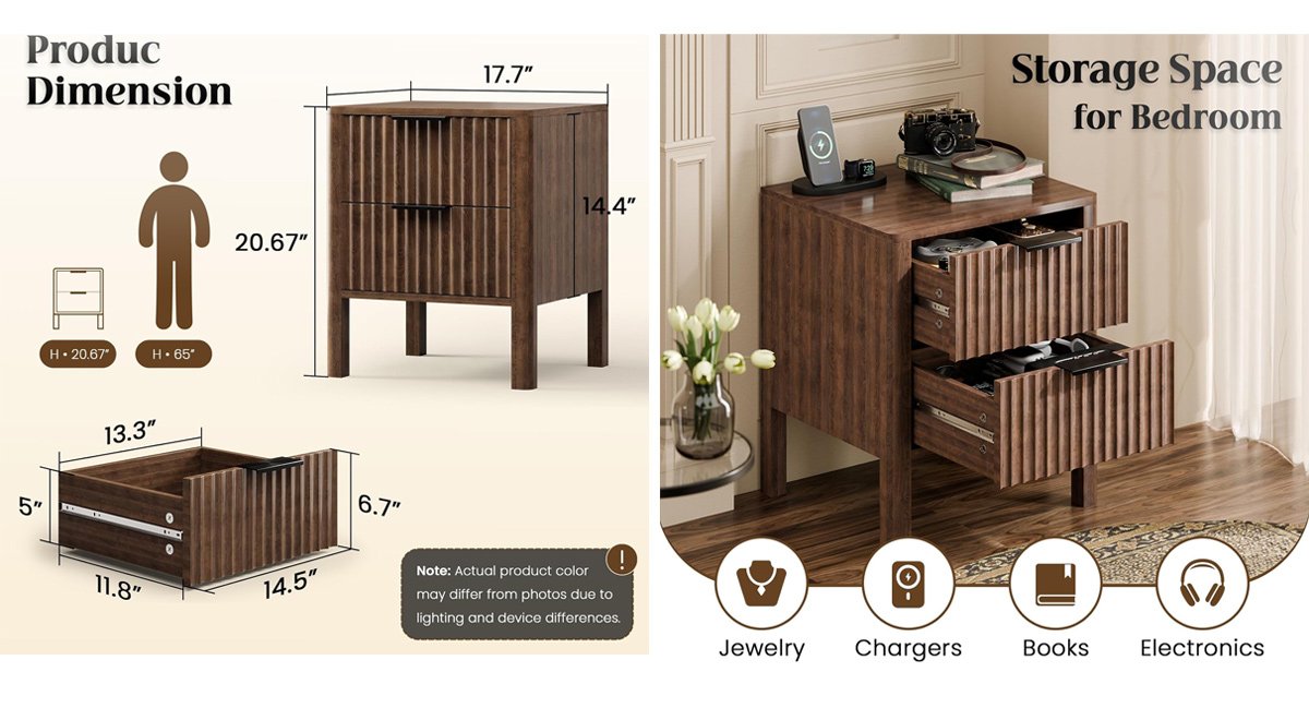 18" Fluted Nightstands, Bed Side Tables with Drawers for Bedroom