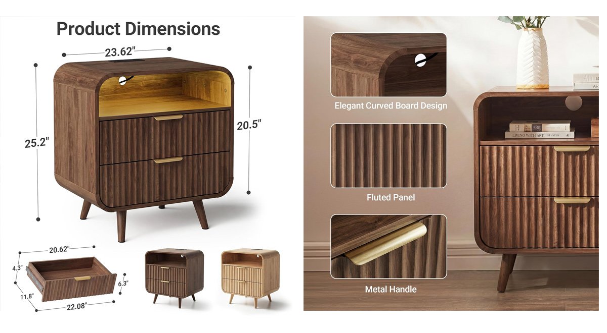 24" Curved Nightstand,Bedside Table with Charging Station & LED Light,Modern Fluted End Table with 2 Drawers