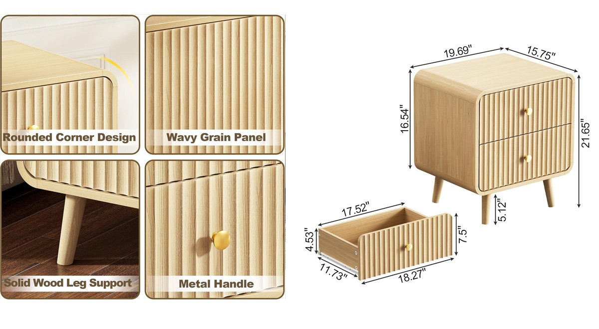 Modern Fluted Nightstands with 2 Storage Drawers, Beside Table with Metal Handle and Solid Wood Legs for Bedroom