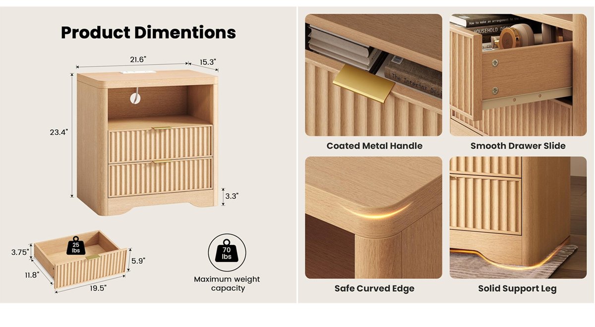 Fluted Nightstand with Charging Station & LED Light, Bedside Table with 2 Drawers & Open Storage Shelf