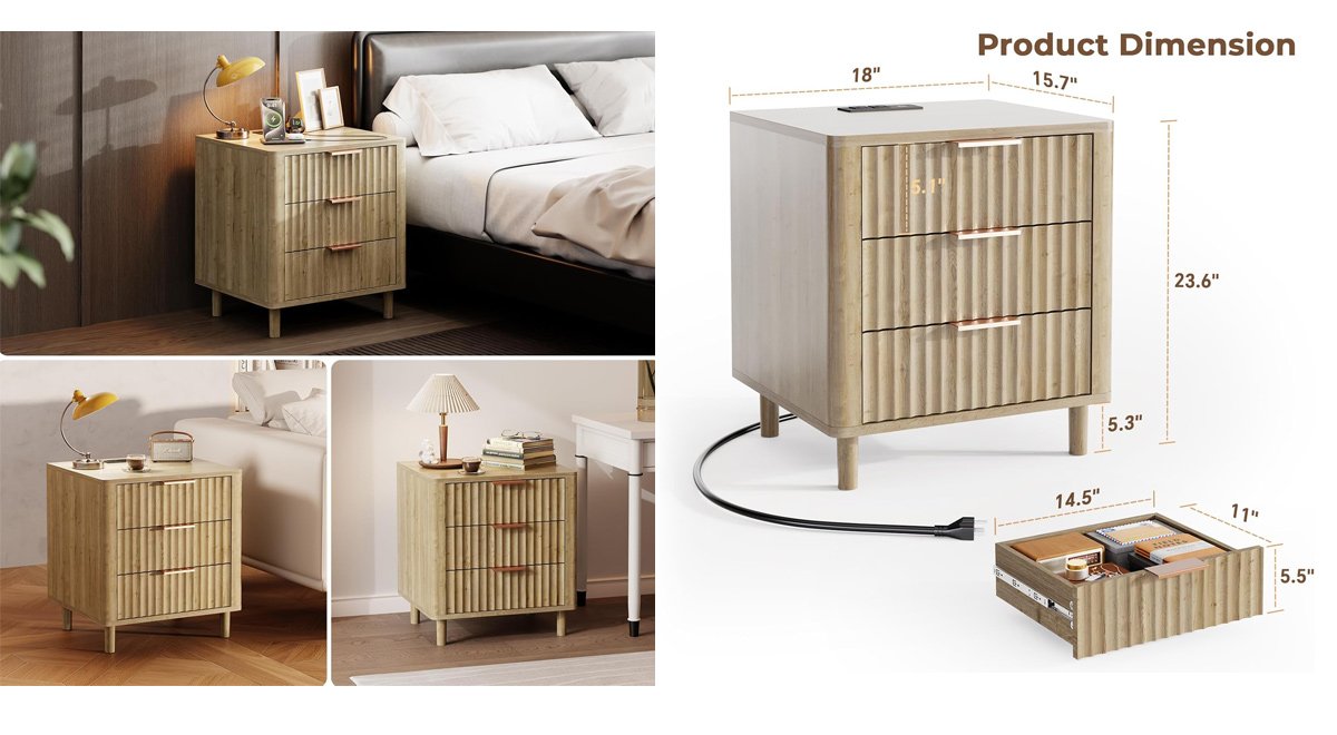 Fluted Nightstand with Charging Station, Multifunctional 3 Drawers Storage Bedside Table