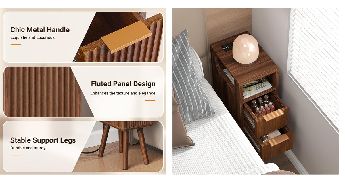 7.9" Small Narrow Side Table with Charging Station, 24.4" H Skinny Fluted Nightstand with 2 Drawers