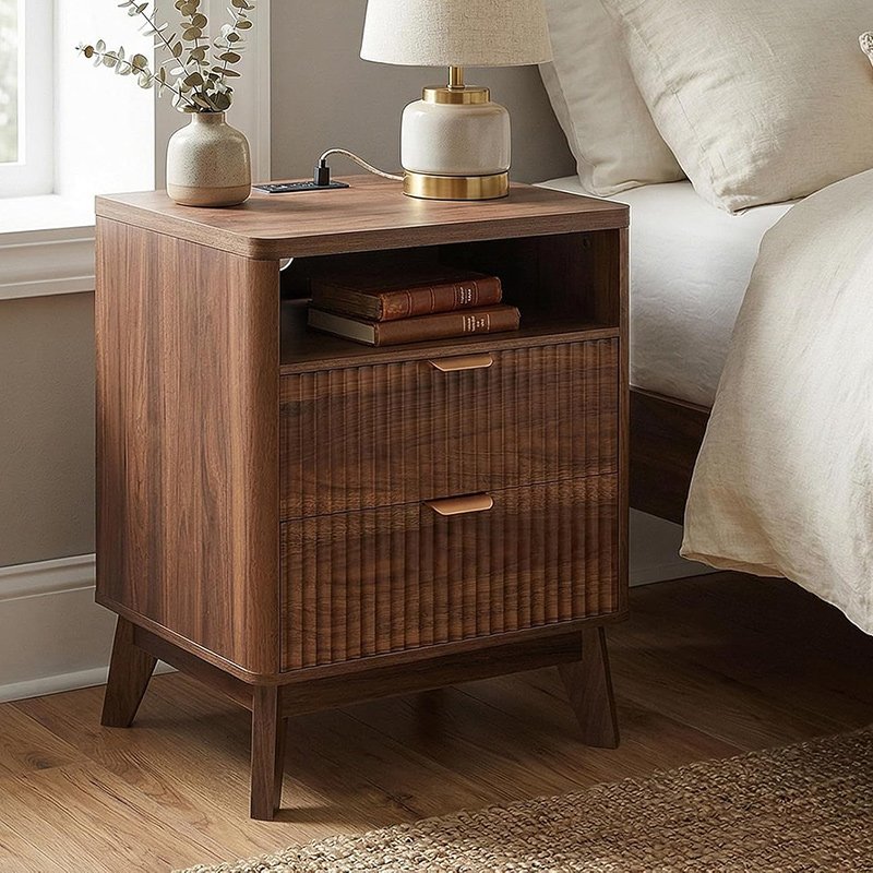 Fluted Nightstand with Charging Station