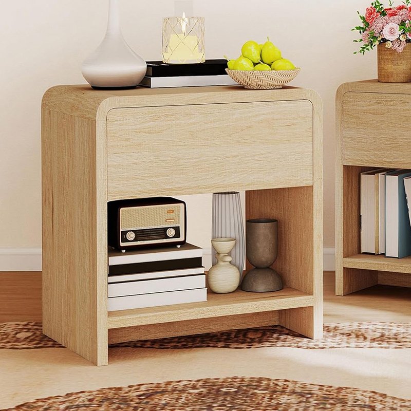 Modern Night Stand with Storage Drawer & Open Shelves