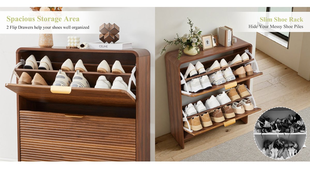 16 Pair Shoe Storage Cabinet With 2 Flip Drawers