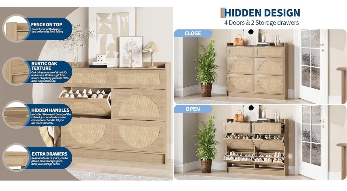 Rattan Shoe Storage Cabinet, Narrow Freestanding Organizer Shoe Rack Organizer with Adjustable Shelves