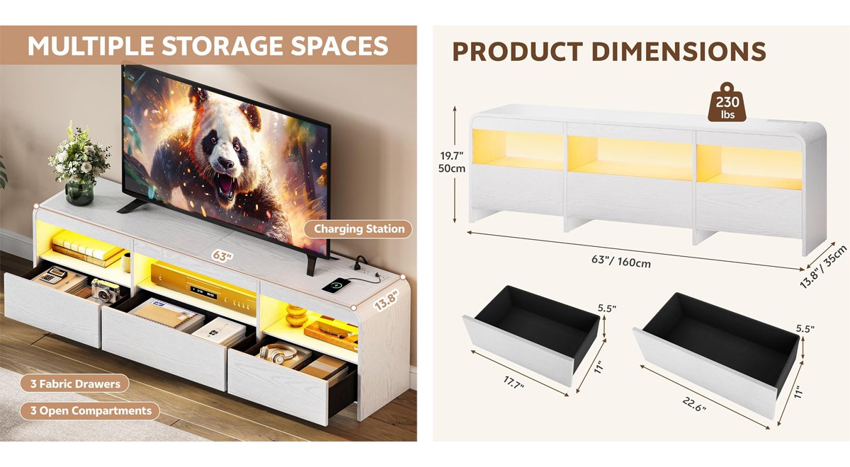 TV Stand for 65, 70 Inch TVs, LED Entertainment Center with Drawers and Open Storage, TV Console w/Power Outlets