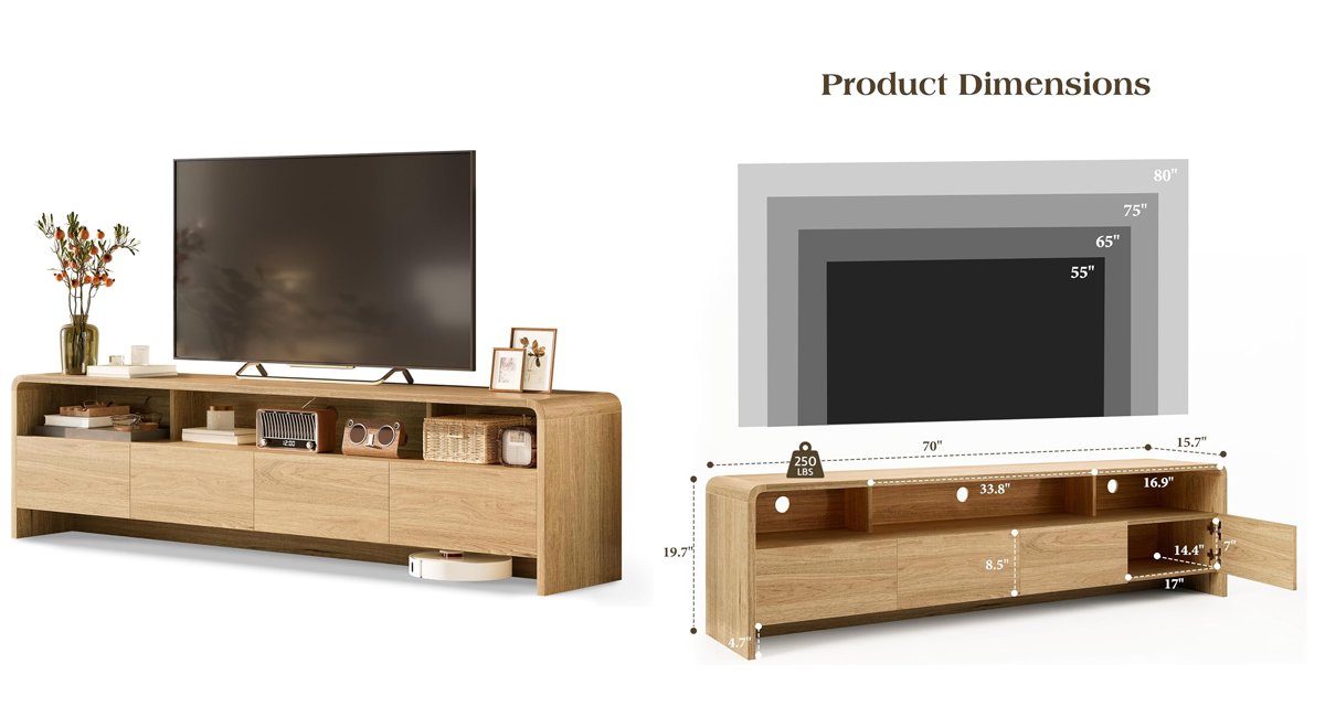 70" Wood TV Stand with Curved Edge for TVs up to 80", Modern TV Console with Open Shelves & Storage Cabinets