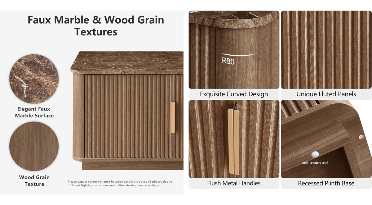 71" TV Stand for 80 Inch TV, Mid Century Modern Fluted Entertainment Center with Faux Marble Top, Curved Corners